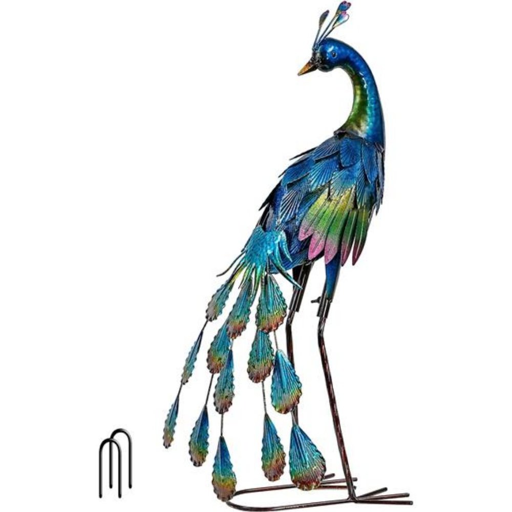 Peacock Yard Art Garden Sculpture & Statues ,Blue Small Metal Bird Lawn Ornament